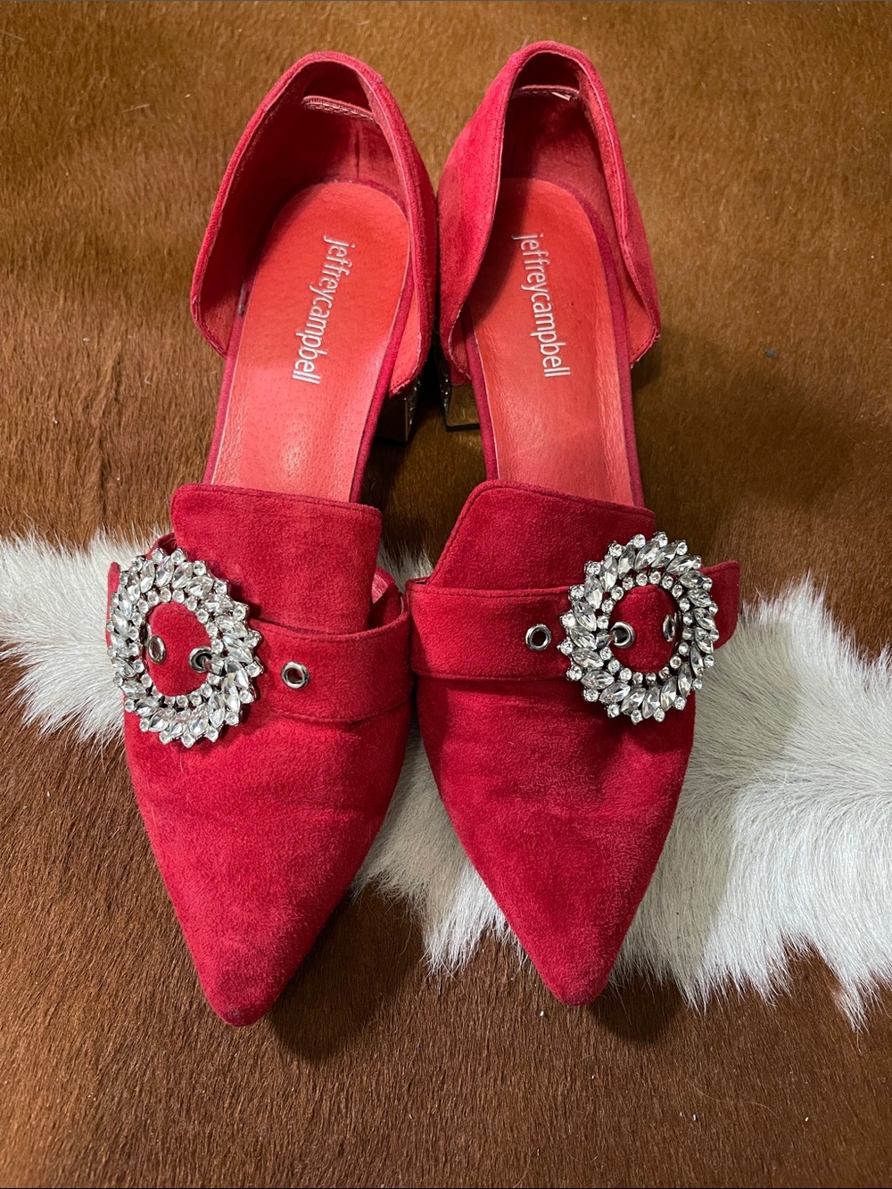 Jeffrey Campbell Red Suede Pointed Mules with Crystal Buckle